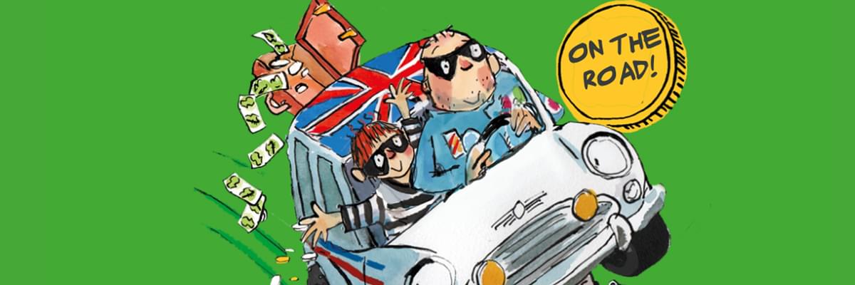Illustration of dad and son in a cartoon car, both wearing eye masks. A suitcase of money is flowing out of the back of the car behind them.