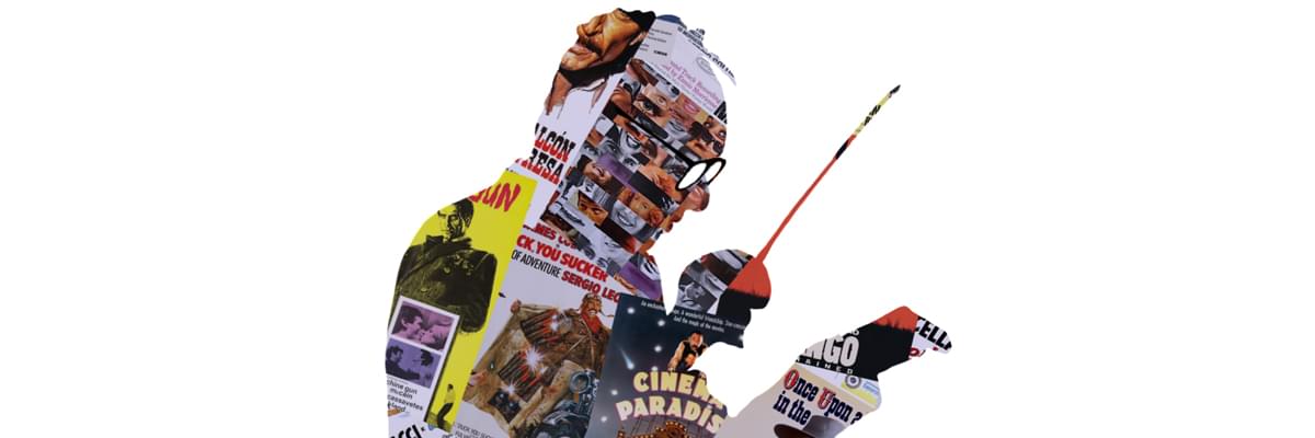 Image collage depicting composer Ennio Morricone and many of the films he has contributed to.