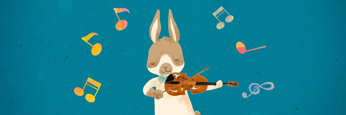 Teal, textured background with illustration of a brown and white rabbit playing the violin, coloured music notes in yellow and orange float around him.