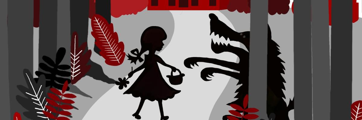 Flat, paper cut out style illustration of a little girl carrying a flower and basket, walking through the woods, with a wolf hiding behind a tree. The colour scheme is shades of grey and red.