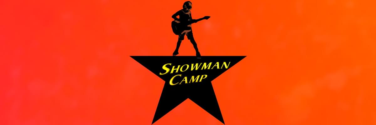 Orange/yellow background with black star and silhouetted child standing on top holding a guitar. The star has Showman Camp written in yellow in the centre.