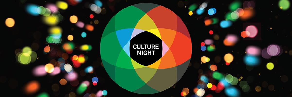 A black background with colourful confetti/sparkles on top. The circular, rainbow coloured Culture Night logo is in the middle.