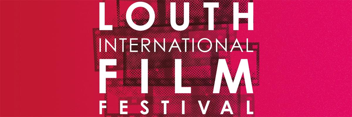 A pink background and stylized picture of a bull in grey. White, bold letters spelling 'Louth International Film Festival, are across the middle.