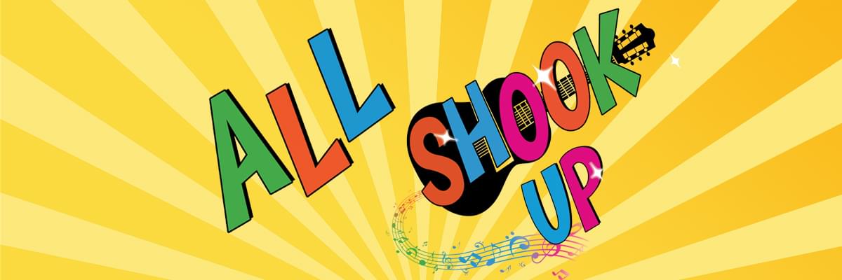Yellow sunburst background with the text 'All Shook Up' in colourful lettering, with a black border. An acoustic guitar silhouette is behind the word 'Shook' and colourful barlines from sheet music swirl below.