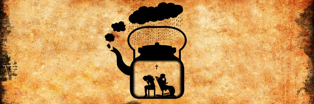 A stained page texture in the background. The center image is the silhouette of an old fashioned kettle, with steam coming from the spout. Two silhouetted figures sit in the middle, facing away from each other.