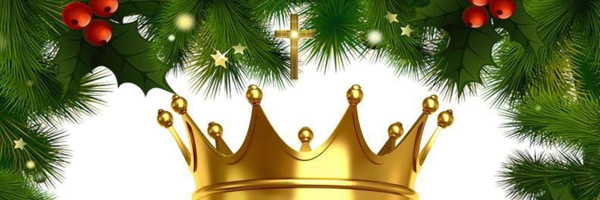 A large golden crown sits in the middle of the image, surrounded by holly and berries