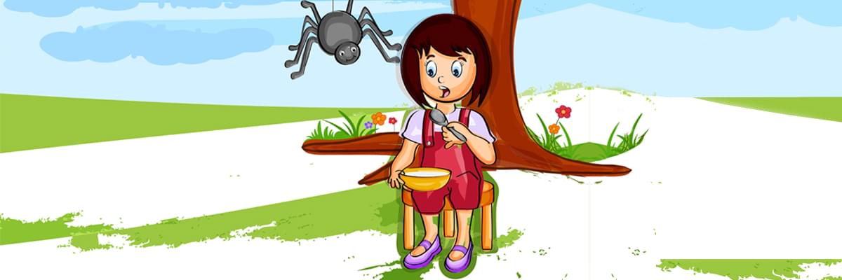 In an illustrative, cartoon style, a little girl with short, brown hair, red dungarees and purple shoes, sits under a tree, eating from a yellow bowl with a spoon. A spider dangles from the tree to her right.