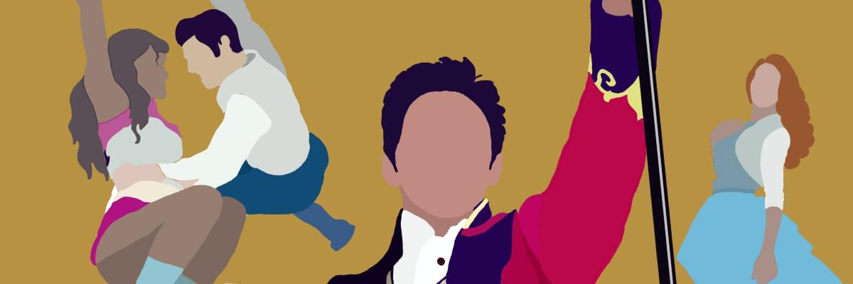 A simplistic, poster version of characters from 'The Greatest Showman' film, with a gold colour background.