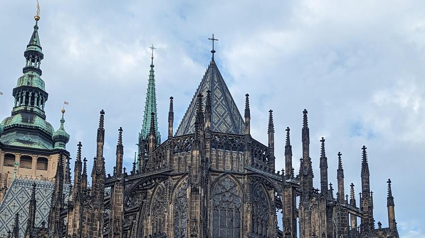 Skyline view of the many spires of the gothic style cathedral, St Vitus Cathedral in Prague.