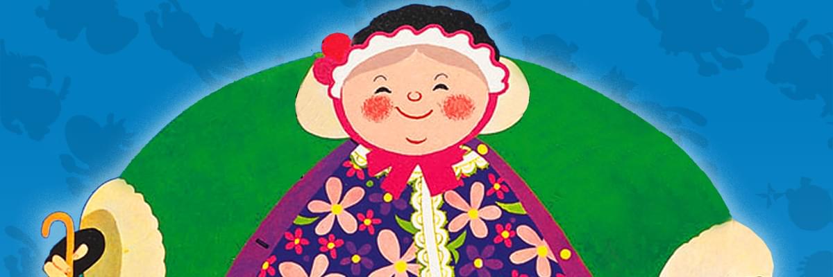 In an illustrative, storybook style, a round, smiling lady with a bonnet, green coat, flowery shirt and rosy cheeks smiles.
