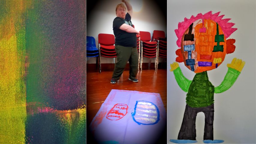 Three images. The left image is blurred yellow, green and blues. The central image shows a man in a room standing with his side facing the camera. The third image is of a man drawn, dressed i green with red hair