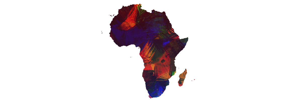 A silhouette of Africa painted with energetic stripes of dark blue, green, red and orange.