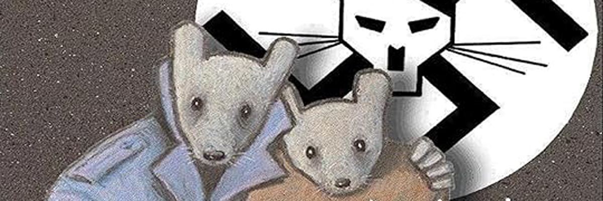 A drawing of two grey mice wearing coats with a black on white swastika with a skull/mouse mix in the middle.