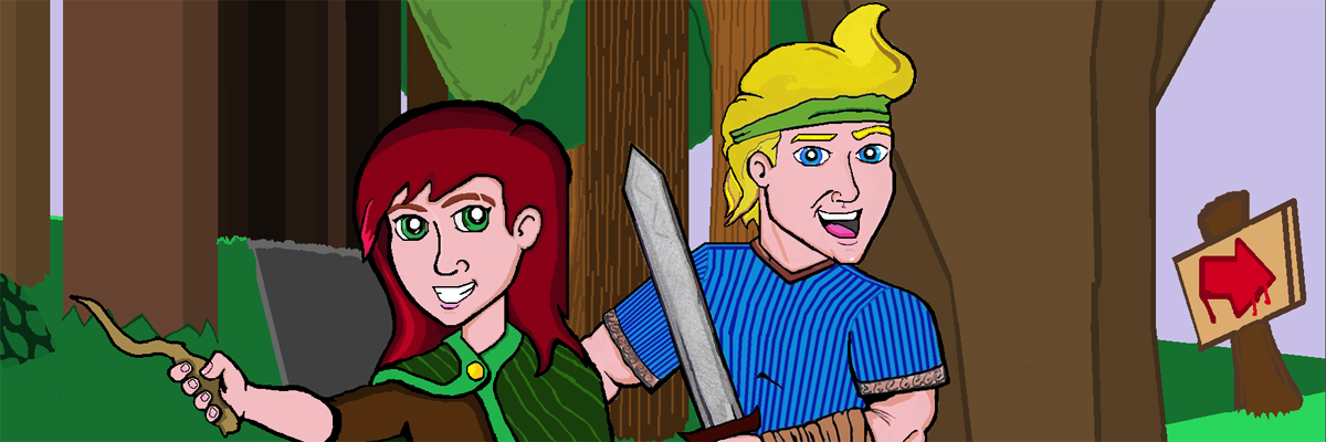 Illustration of two people, one blond and one red haired in a forest. One holds a swords, the other a wand