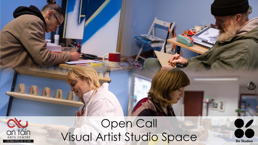 Four images together of artists in their studios working.